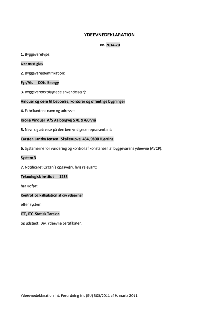 Ydeevnedeklaration (DoP) – KRONE Energy Dør